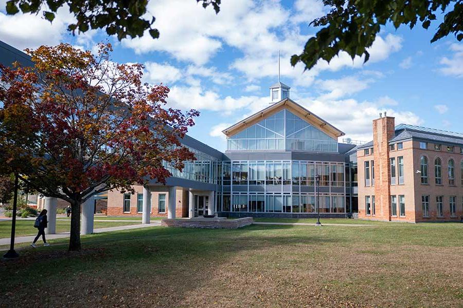 View of the Student Center building on campus in Potsdam, NY